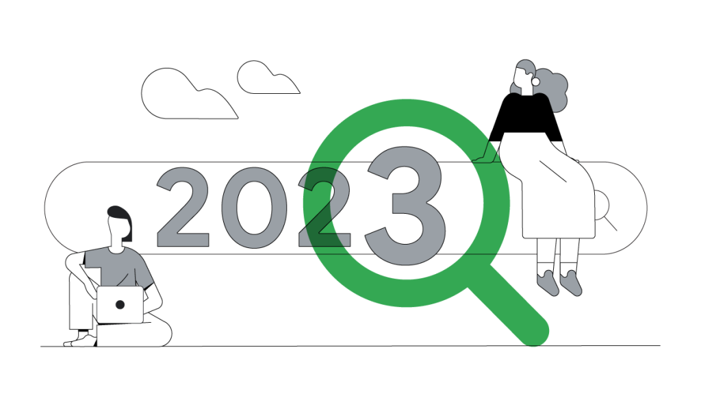 Dessin représentant une loupe verte qui zoom sur l'année 2023.